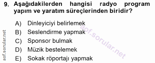 9. soru: Aşağıdakilerden hangisi radyo program yapım ve yaratım süreçlerinden biridir? A) Dinleyiciyi belirlemek B) Seslendirm…