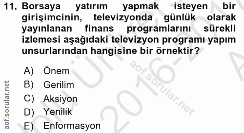 11. soru: Borsaya yatırım yapmak isteyen bir girişimcinin, televizyonda günlük olarak yayınlanan finans programlarını sürekli i…