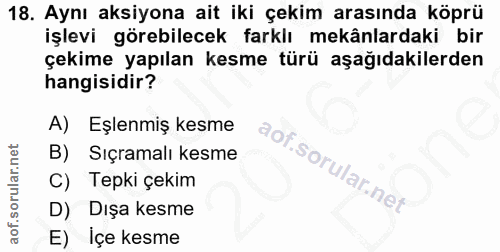 18. soru: Aynı aksiyona ait iki çekim arasında köprü işlevi görebilecek farklı mekânlardaki bir çekime yapılan kesme türü aşağı…