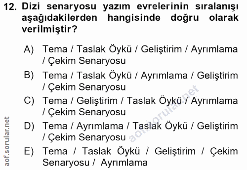 12. soru: Dizi senaryosu yazım evrelerinin sıralanışı aşağıdakilerden hangisinde doğru olarak verilmiştir? A) Tema / Taslak Öyk…
