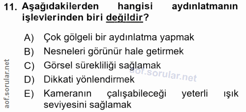 11. soru: Aşağıdakilerden hangisi aydınlatmanın işlevlerinden biri değildir? A) Çok gölgeli bir aydınlatma yapmak B) Nesneleri…