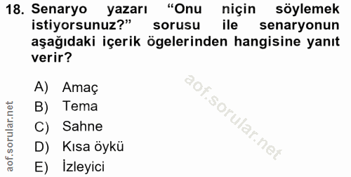 18. soru: Senaryo yazarı "Onu niçin söylemek istiyorsunuz?" sorusu ile senaryonun aşağıdaki içerik ögelerinden hangisine yanıt…