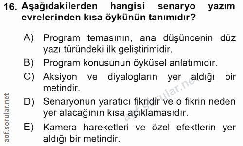 16. soru: Aşağıdakilerden hangisi senaryo yazım evrelerinden kısa öykünün tanımıdır? A) Program temasının, ana düşüncenin düz y…