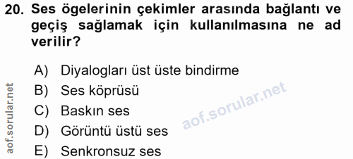 20. soru: Ses ögelerinin çekimler arasında bağlantı ve geçiş sağlamak için kullanılmasına ne ad verilir? A) Diyalogları üst üst…