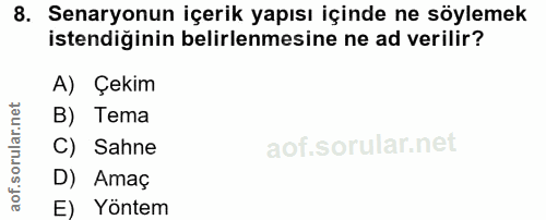 8. soru: Senaryonun içerik yapısı içinde ne söylemek istendiğinin belirlenmesine ne ad verilir? A) Çekim B) Tema C) Sahne D) A…