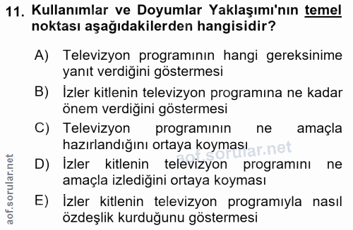 11. soru: Kullanımlar ve Doyumlar Yaklaşımı'nın temel noktası aşağıdakilerden hangisidir? A) Televizyon programının hangi gerek…