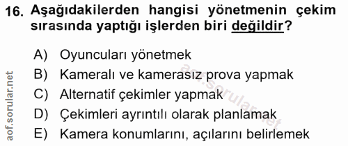16. soru: Aşağıdakilerden hangisi yönetmenin çekim sırasında yaptığı işlerden biri değildir? A) Oyuncuları yönetmek B) Kameralı…