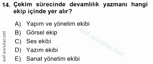 14. soru: Çekim sürecinde devamlılık yazmanı hangi ekip içinde yer alır? A) Yapım ve yönetim ekibi B) Görsel ekip Ses ekibi lof…