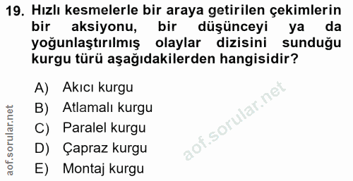 19. soru: Hızlı kesmelerle bir araya getirilen çekimlerin bir aksiyonu, bir düşünceyi ya da yoğunlaştırılmış olaylar dizisini s…