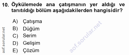 10. soru: Öykülemede ana çatışmanın yer aldığı ve tanıtıldığı bölüm aşağıdakilerden hangisidir? A) Çatışma B) Düğüm C) Serim D)…