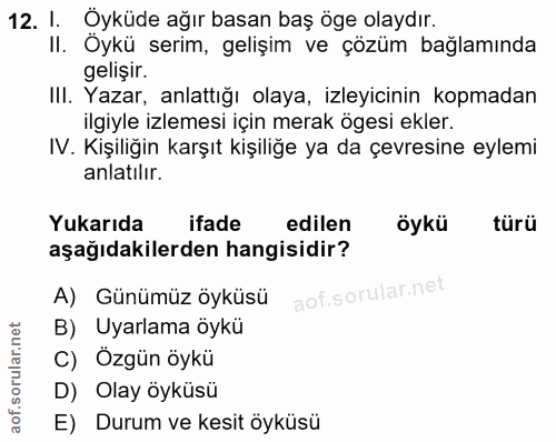 12. soru: I. Öyküde ağır basan baş öge olaydır. II. Öykü serim, gelişim ve çözüm bağlamında gelişir. III. Yazar, anlattığı olay…