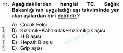11. soru: Aşağıdakilerden hangisi TC. Sağlık Bakanlığı'nın uyguladığı aşı takviminde yer alan aşılardan biri değildir? A) Çocuk…