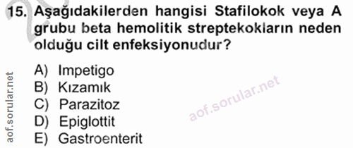 15. soru: Aşağıdakilerden hangisi Stafilokok veya A grubu beta hemolitik streptekokiarın neden olduğu cilt enfeksiyonudur? A) I…