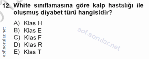 12. soru: White sınıflamasına göre kalp hastalığı ile oluşmuş diyabet türü hangisidir? A) Klas H B) Klas E C) Klas F D) Klas R…