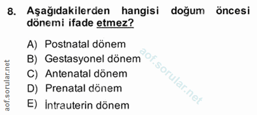 8. soru: Aşağıdakilerden hangisi doğum öncesi dönemi ifade etmez? A) Postnatal dönem B) Gestasyonel dönem C) Antenatal dönem D…