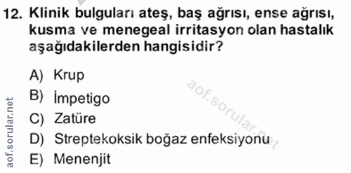 12. soru: Klinik bulguları ateş, baş ağrısı, ense ağrısı, kusma ve menegeal irritasyon olan hastalık aşağıdakilerden hangisidir…