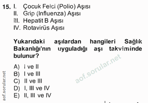 15. soru: I. Çocuk Felci (Polio) Aşısı II. Grip (Influenza) Aşısı III. Hepatit B Aşısı IV. Rotavirüs Aşısı Yukarıdaki aşılardan…