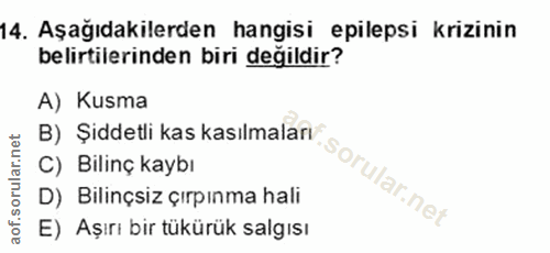 14. soru: Aşağıdakilerden hangisi epilepsi krizinin belirtilerinden biri değildir? A) Kusma B) Şiddetli kas kasılmaları C) Bili…