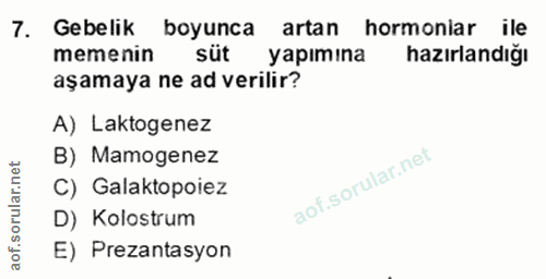7. soru: Gebelik boyunca artan hormoniar ile hazırlandığı memenin süt yapımına aşamaya ne ad verilir? A) Laktogenez B) Mamogen…