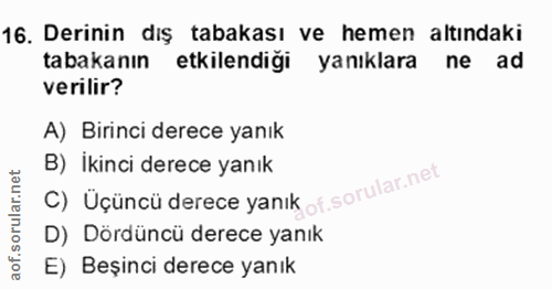 16. soru: Derinin dış tabakası ve hemen altındaki tabakanın etkilendigi yanıklara ne ad verilir? A) Birinci derece yanık C) Uçü…