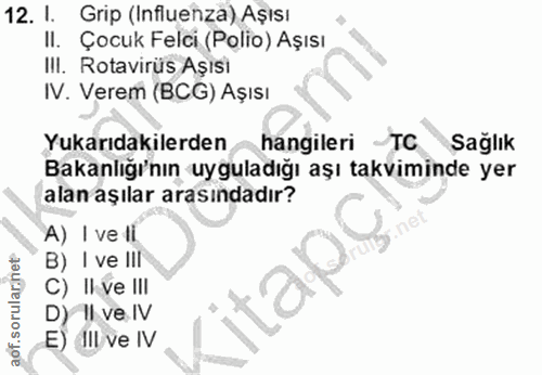 12. soru: I. Grip (Influenza) Aşısı II. Çocuk Felci (Polio) Aşısı III. Rotavirüs Aşısi IV. Verem (BCG) Aşısı Yukarıdakilerden h…