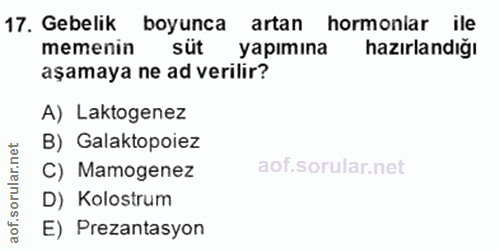 17. soru: Gebelik boyunca artan hormonlar ile memenin süt yapımına hazırlandığı aşamaya ne ad verilir? A) Laktogenez B) Galakto…