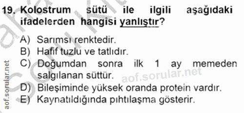 19. soru: Kolostrum , sütü • ile ilgili aşağıdaki ifadelerden hangisi yanlıştır? A) Sarımsi renktedir. B) Hafif tuzlu ve tatlıd…