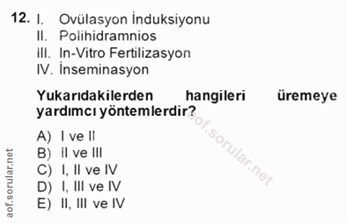 12. soru: I. Ovülasyon induksiyonu Il. Polihidramnios IlI. In-Vitro Fertilizasyon IV. Inseminasyon Yukarıdakilerden hangileri ü…
