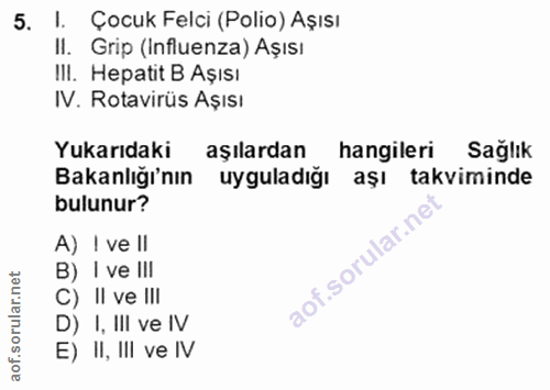 5. soru: I. Çocuk Felci (Polio) Aşısı II. Grip (Influenza) Aşısı III. Hepatit B Aşısı IV. Rotavirüs Aşısı Yukarıdaki aşılardan…