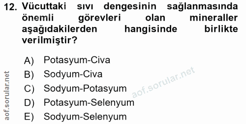 12. soru: Vücuttaki sıvı dengesinin sağlanmasında önemli görevleri olan mineraller aşağıdakilerden hangisinde birlikte verilmiş…