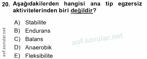 20. soru: Aşağıdakilerden hangisi ana tip egzersiz aktivitelerinden biri değildir? A) Stabilite B) Endurans C) Balans D) Anaero…