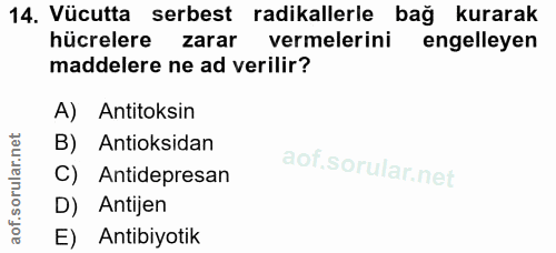 14. soru: Vücutta serbest radikallerle bağ kurarak hücrelere zarar vermelerini engelleyen maddelere ne ad verilir? A) Antitoksi…