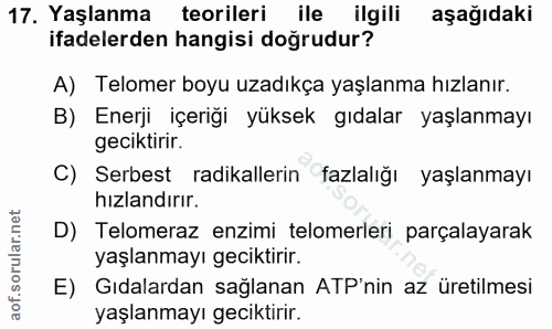 17. soru: Yaşlanma teorileri ile ilgili aşağıdaki ifadelerden hangisi doğrudur? A) Telomer boyu uzadıkça yaşlanma hızlanır. B)…