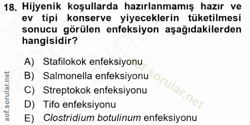 18. soru: Hijyenik koşullarda hazırlanmamış hazır ve ev tipi konserve yiyeceklerin tüketilmesi sonucu görülen enfeksiyon aşağıd…