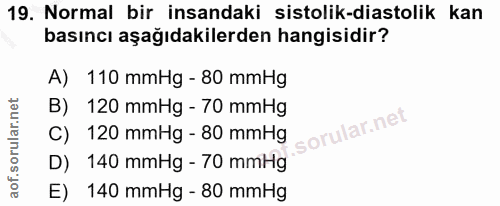 19. soru: Normal bir insandaki sistolik-diastolik kan basıncı aşağıdakilerden hangisidir? A) 110 mmHg - 80 mmHg B) 120 mmHg - 7…