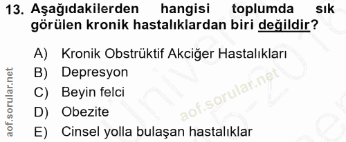 13. soru: Aşağıdakilerden hangisi toplumda sık görülen kronik hastalıklardan biri değildir? A) Kronik Obstrüktif Akciğer Hastal…
