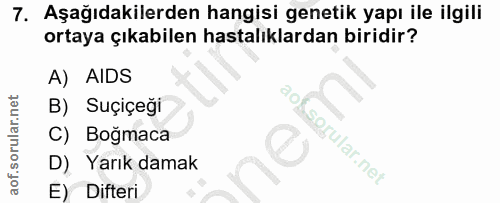 7. soru: Aşağıdakilerden hangisi genetik yapı ile ilgili ortaya çıkabilen hastalıklardan biridir? A) AIDS B) Suçiçeği C) Boğma…