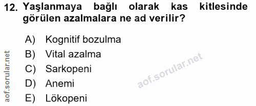 12. soru: Yaşlanmaya bağlı olarak kas kitlesinde kitlesinde görülen azalmalara ne ad verilir? A) Kognitif bozulma B) Vital azal…