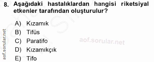 8. soru: Aşağıdaki hastalıklardan hangisi riketsiyal etkenler tarafindan oluşturulur? A) Kızamık B) Tifüs C) Paratifo D) Kızam…