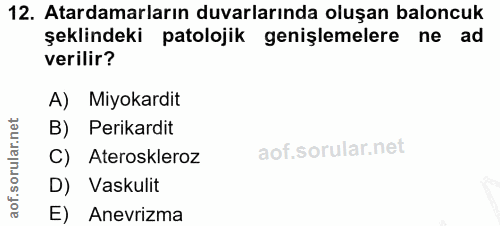 12. soru: Atardamarların duvarlarında oluşan baloncuk şeklindeki patolojik genişlemelere ne ad verilir? A) Miyokardit B) Perika…