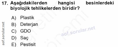 17. soru: Aşağıdakilerden hangisi besinlerdeki biyolojik tehlikelerden biridir? A) Plastik B) Deterjan C) GDO D) Saç E) Pestisit
