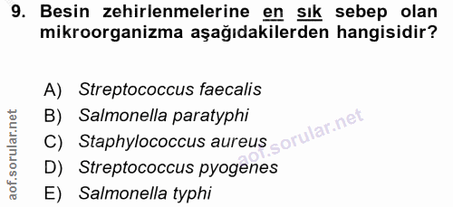 9. soru: Besin zehirlenmelerine en sık sebep olan mikroorganizma aşağıdakilerden hangisidir? A) Streptococcus facalis C) Staph…