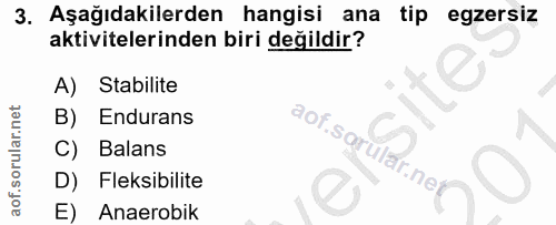 3. soru: Aşağıdakilerden hangisi ana tip egzersiz aktivitelerinden biri değildir? A) Stabilite B) Endurans C) Balans D) Fleksi…