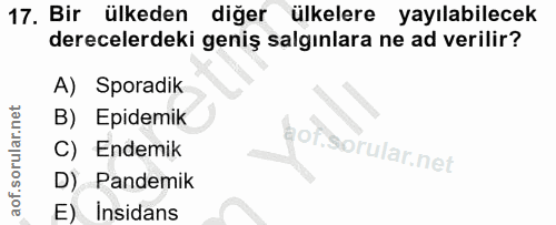 17. soru: Bir ülkeden diğer ülkelere yayılabilecek derecelerdeki geniş salgınlara ne ad verilir? A) Sporadik B) Epidemik of. C)…