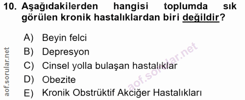 10. soru: Aşağıdakilerden hangisi toplumda sık görülen kronik hastalıklardan biri değildir? A) Beyin felci B) Depresyon C) Cins…