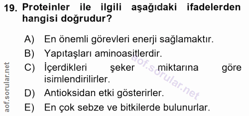 19. soru: Proteinler ile ilgili aşağıdaki ifadelerden hangisi doğrudur? A) En önemli görevleri enerji sağlamaktır. B) Yapıtaşla…