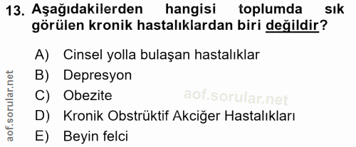 13. soru: Aşağıdakilerden hangisi toplumda sık görülen kronik hastalıklardan biri değildir? A) Cinsel yolla bulaşan hastalıklar…