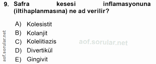 9. soru: Safra kesesi inflamasyonuna (iltihaplanmasına) ne ad verilir? A) Kolesistit B) Kolanjit orul C) Kolelitiazis D) Diver…