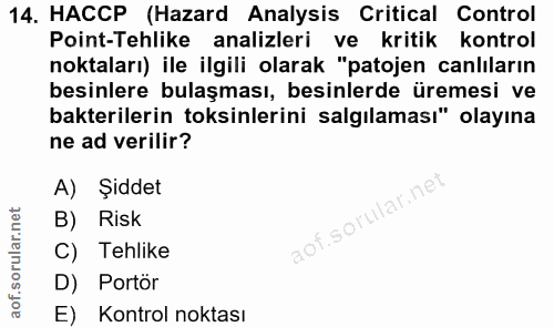 14. soru: HACCP (Hazard Analysis Critical Control Point-Tehlike analizleri ve kritik kontrol noktaları) ile ilgili olarak "pato…