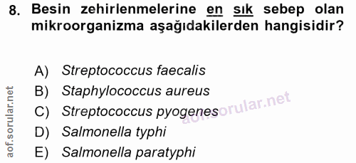8. soru: Besin zehirlenmelerine en sık sebep olan mikroorganizma aşağıdakilerden hangisidir? A) Streptococcus facalis C) Strep…